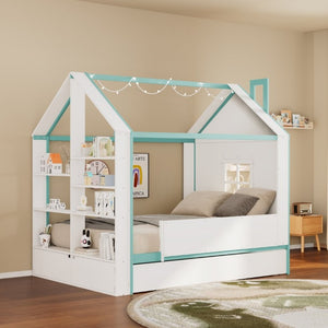 English Elm Full Size House Bed with Trundle LED Lighting Foot Shelves and Architectural Roofline White+Blue LP000005AAC