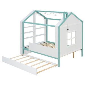 English Elm Full Size House Bed with Trundle LED Lighting Foot Shelves and Architectural Roofline White+Blue LP000005AAC