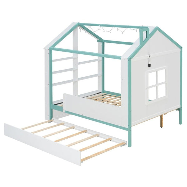 English Elm Full Size House Bed with Trundle LED Lighting Foot Shelves and Architectural Roofline White+Blue LP000005AAC