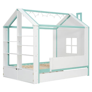 English Elm Full Size House Bed with Trundle LED Lighting Foot Shelves and Architectural Roofline White+Blue LP000005AAC