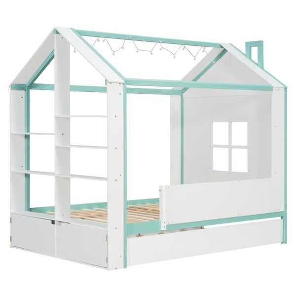 English Elm Full Size House Bed with Trundle LED Lighting Foot Shelves and Architectural Roofline White+Blue LP000005AAC