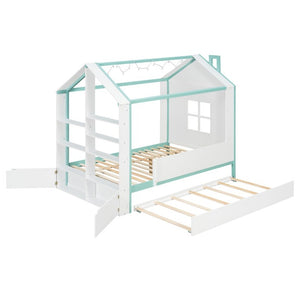 English Elm Full Size House Bed with Trundle LED Lighting Foot Shelves and Architectural Roofline White+Blue LP000005AAC