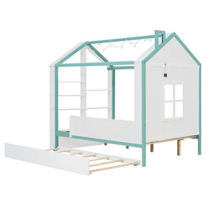English Elm Full Size House Bed with Trundle LED Lighting Foot Shelves and Architectural Roofline White+Blue LP000005AAC