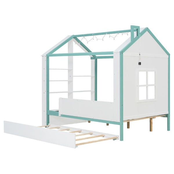 English Elm Full Size House Bed with Trundle LED Lighting Foot Shelves and Architectural Roofline White+Blue LP000005AAC