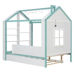 English Elm Full Size House Bed with Trundle LED Lighting Foot Shelves and Architectural Roofline White+Blue LP000005AAC