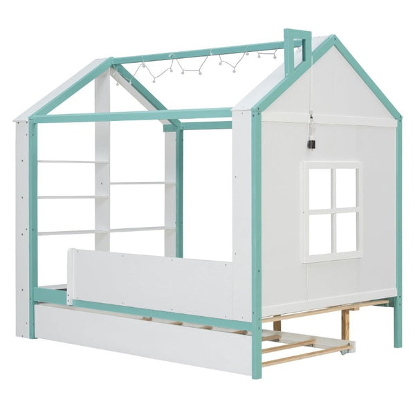 English Elm Full Size House Bed with Trundle LED Lighting Foot Shelves and Architectural Roofline White+Blue LP000005AAC