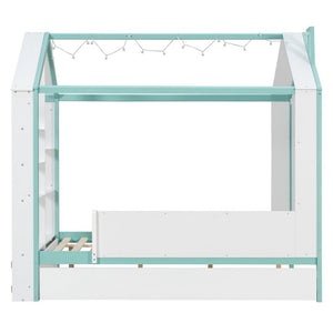 English Elm Full Size House Bed with Trundle LED Lighting Foot Shelves and Architectural Roofline White+Blue LP000005AAC