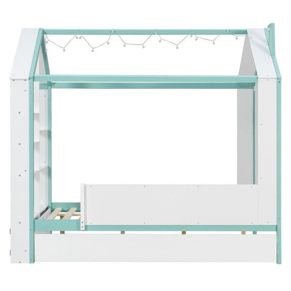English Elm Full Size House Bed with Trundle LED Lighting Foot Shelves and Architectural Roofline White+Blue LP000005AAC