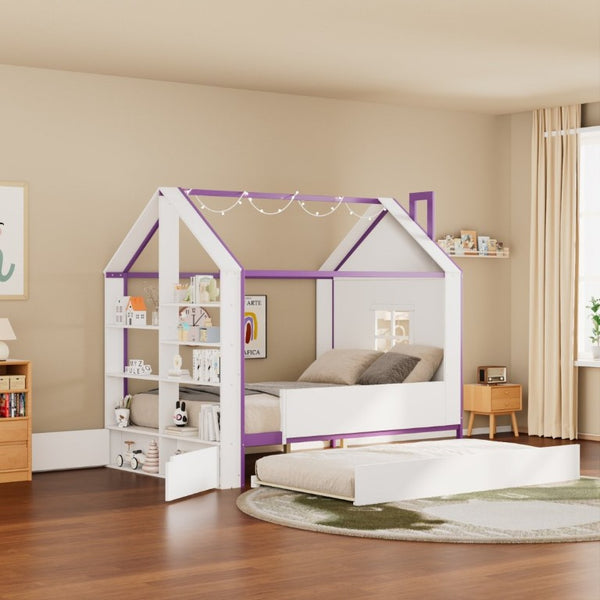English Elm Full Size House Bed with Trundle LED Lighting Foot Shelves and Architectural Roofline White+Purple LP000005AAI