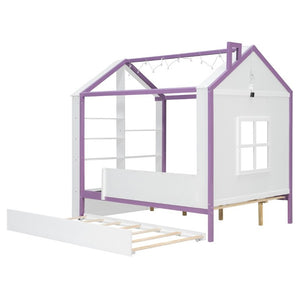 English Elm Full Size House Bed with Trundle LED Lighting Foot Shelves and Architectural Roofline White+Purple LP000005AAI