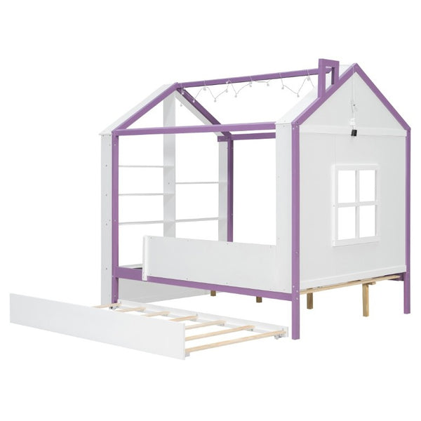 English Elm Full Size House Bed with Trundle LED Lighting Foot Shelves and Architectural Roofline White+Purple LP000005AAI
