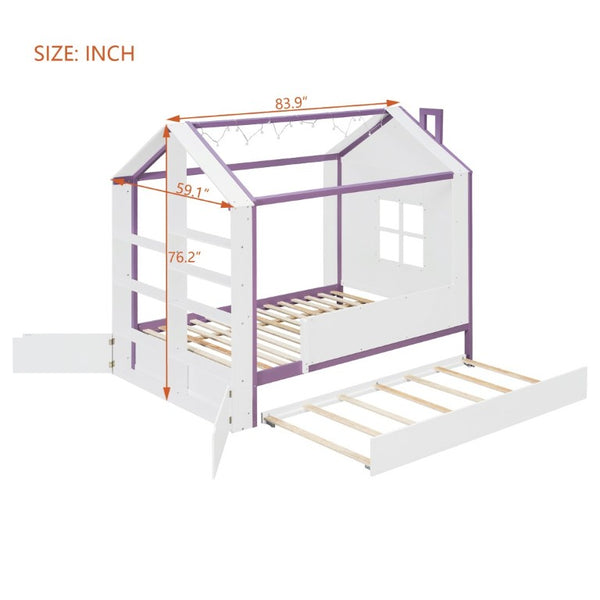 English Elm Full Size House Bed with Trundle LED Lighting Foot Shelves and Architectural Roofline White+Purple LP000005AAI