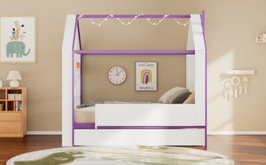 English Elm Full Size House Bed with Trundle LED Lighting Foot Shelves and Architectural Roofline White+Purple LP000005AAI