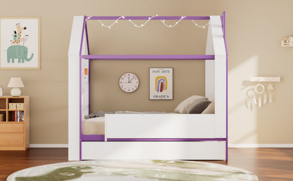 English Elm Full Size House Bed with Trundle LED Lighting Foot Shelves and Architectural Roofline White+Purple LP000005AAI