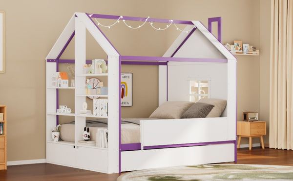 English Elm Full Size House Bed with Trundle LED Lighting Foot Shelves and Architectural Roofline White+Purple LP000005AAI