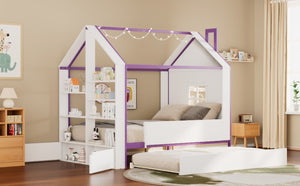 English Elm Full Size House Bed with Trundle LED Lighting Foot Shelves and Architectural Roofline White+Purple LP000005AAI