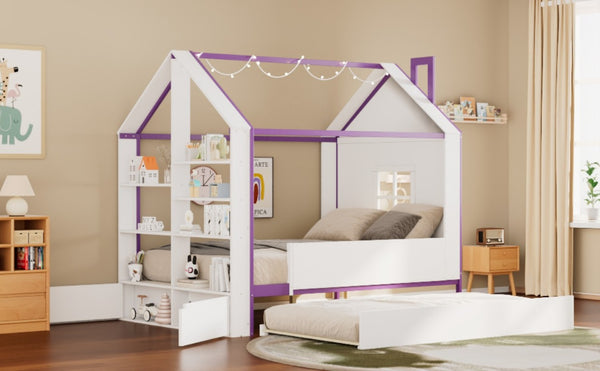 English Elm Full Size House Bed with Trundle LED Lighting Foot Shelves and Architectural Roofline White+Purple LP000005AAI