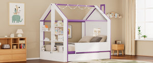 English Elm Full Size House Bed with Trundle LED Lighting Foot Shelves and Architectural Roofline White+Purple LP000005AAI