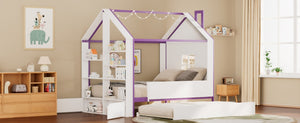 English Elm Full Size House Bed with Trundle LED Lighting Foot Shelves and Architectural Roofline White+Purple LP000005AAI