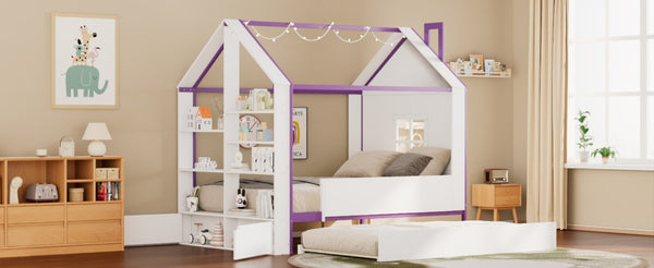 English Elm Full Size House Bed with Trundle LED Lighting Foot Shelves and Architectural Roofline White+Purple LP000005AAI