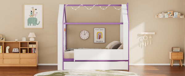 English Elm Full Size House Bed with Trundle LED Lighting Foot Shelves and Architectural Roofline White+Purple LP000005AAI