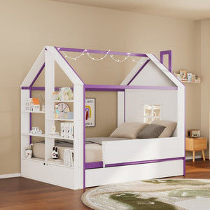 English Elm Full Size House Bed with Trundle LED Lighting Foot Shelves and Architectural Roofline White+Purple LP000005AAI
