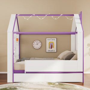 English Elm Full Size House Bed with Trundle LED Lighting Foot Shelves and Architectural Roofline White+Purple LP000005AAI