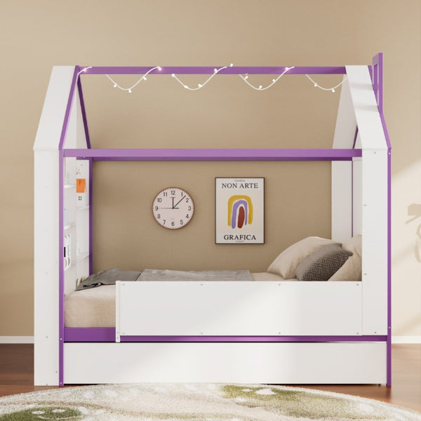 English Elm Full Size House Bed with Trundle LED Lighting Foot Shelves and Architectural Roofline White+Purple LP000005AAI