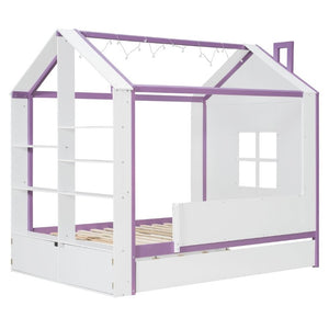 English Elm Full Size House Bed with Trundle LED Lighting Foot Shelves and Architectural Roofline White+Purple LP000005AAI