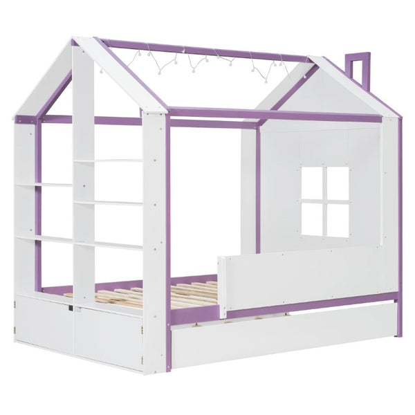 English Elm Full Size House Bed with Trundle LED Lighting Foot Shelves and Architectural Roofline White+Purple LP000005AAI