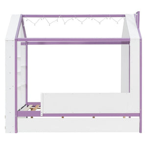English Elm Full Size House Bed with Trundle LED Lighting Foot Shelves and Architectural Roofline White+Purple LP000005AAI