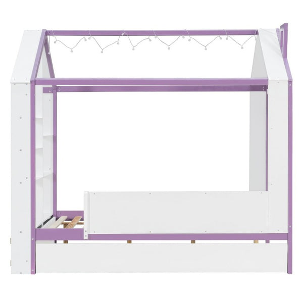 English Elm Full Size House Bed with Trundle LED Lighting Foot Shelves and Architectural Roofline White+Purple LP000005AAI