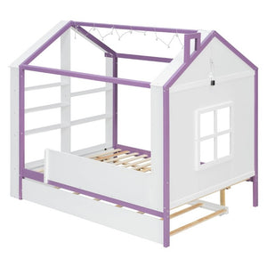 English Elm Full Size House Bed with Trundle LED Lighting Foot Shelves and Architectural Roofline White+Purple LP000005AAI