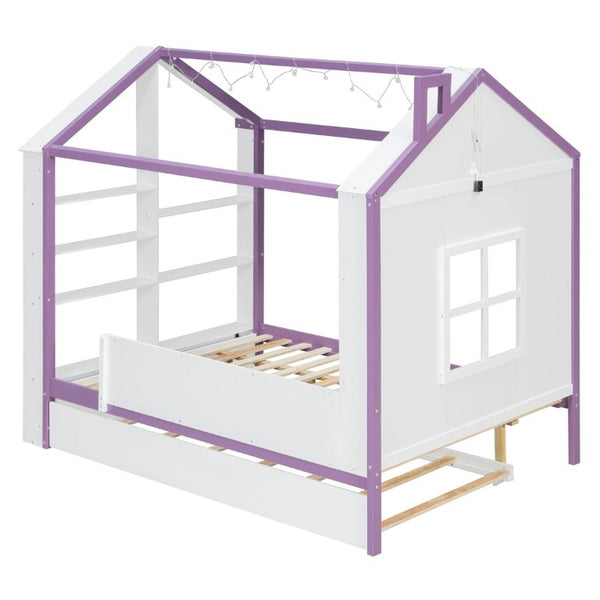 English Elm Full Size House Bed with Trundle LED Lighting Foot Shelves and Architectural Roofline White+Purple LP000005AAI
