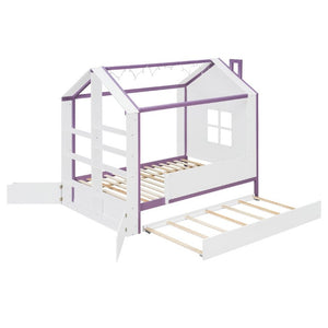 English Elm Full Size House Bed with Trundle LED Lighting Foot Shelves and Architectural Roofline White+Purple LP000005AAI