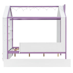 English Elm Full Size House Bed with Trundle LED Lighting Foot Shelves and Architectural Roofline White+Purple LP000005AAI