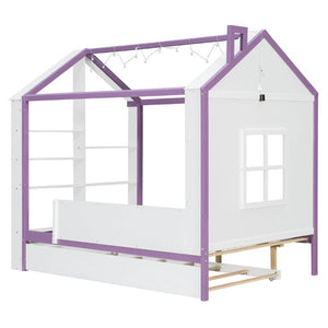 English Elm Full Size House Bed with Trundle LED Lighting Foot Shelves and Architectural Roofline White+Purple LP000005AAI