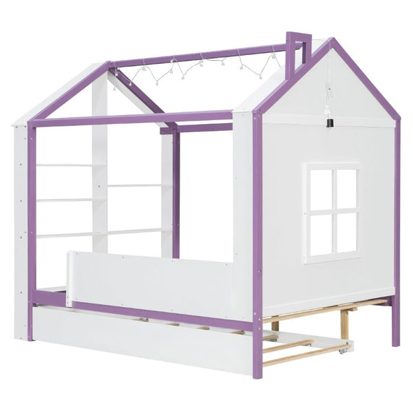 English Elm Full Size House Bed with Trundle LED Lighting Foot Shelves and Architectural Roofline White+Purple LP000005AAI