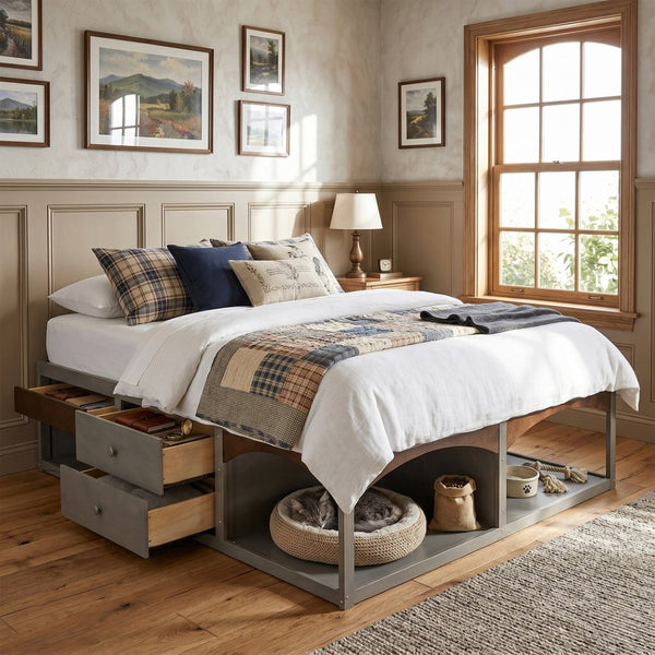 English Elm King Platform Bed Six Storage Drawers No Box Spring Minimalist Scandinavian Bedroom Antique Gray LP000146AAE