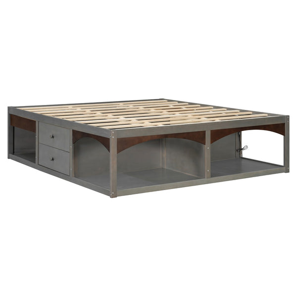 English Elm King Platform Bed Six Storage Drawers No Box Spring Minimalist Scandinavian Bedroom Antique Gray LP000146AAE
