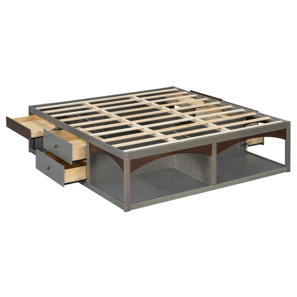 English Elm King Platform Bed Six Storage Drawers No Box Spring Minimalist Scandinavian Bedroom Antique Gray LP000146AAE