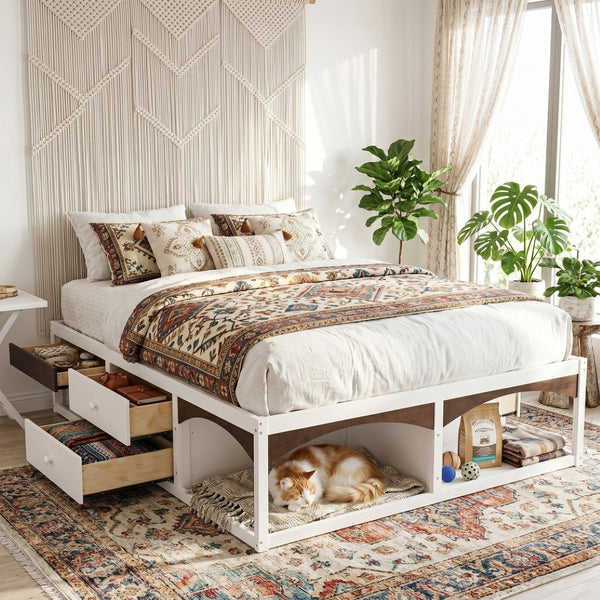 English Elm King Platform Bed Six Storage Drawers No Box Spring Minimalist Scandinavian Bedroom White LP000146AAK