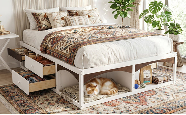 English Elm King Platform Bed Six Storage Drawers No Box Spring Minimalist Scandinavian Bedroom White LP000146AAK