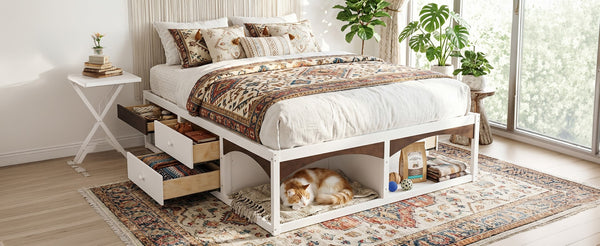 English Elm King Platform Bed Six Storage Drawers No Box Spring Minimalist Scandinavian Bedroom White LP000146AAK