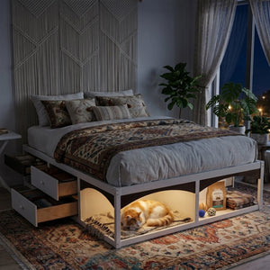 English Elm King Platform Bed Six Storage Drawers No Box Spring Minimalist Scandinavian Bedroom White LP000146AAK