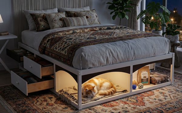 English Elm King Platform Bed Six Storage Drawers No Box Spring Minimalist Scandinavian Bedroom White LP000146AAK