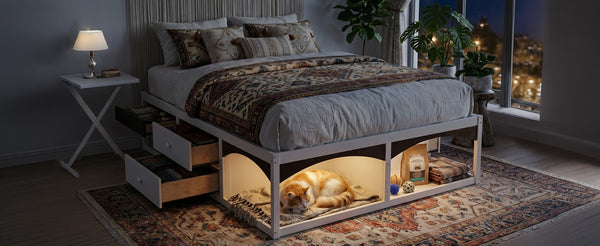 English Elm King Platform Bed Six Storage Drawers No Box Spring Minimalist Scandinavian Bedroom White LP000146AAK