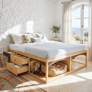 English Elm King Platform Bed Six Storage Drawers No Box Spring Minimalist Scandinavian Bedroom Natural LP000146AAN