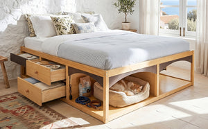 English Elm King Platform Bed Six Storage Drawers No Box Spring Minimalist Scandinavian Bedroom Natural LP000146AAN