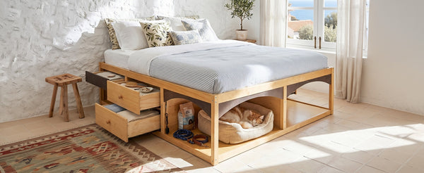 English Elm King Platform Bed Six Storage Drawers No Box Spring Minimalist Scandinavian Bedroom Natural LP000146AAN
